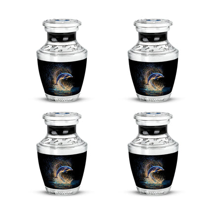 Obsidian Black Dolphin Cremation Urn back view with polished surface - stylized abstract dolphin pattern with bold lines - 10 inch aluminum urn for cremated remains
