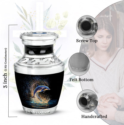 Deep Black Dolphin Cremation Urn top-down view of secure threaded lid - modern art-inspired dolphin motif on sleek aluminum - mini keepsake memorial for portion of cremation ashes