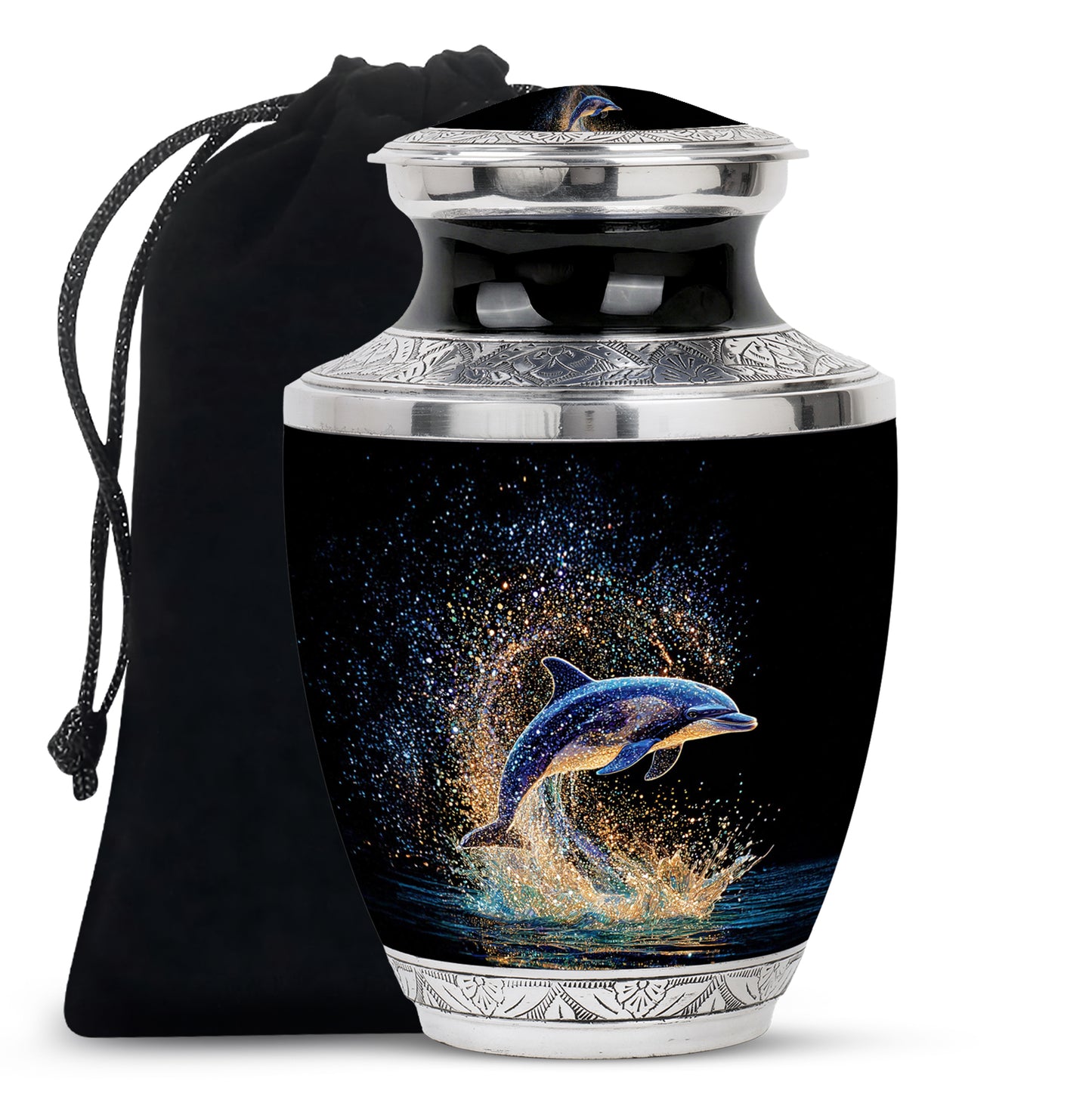 Dark Black Dolphin Cremation Urn side profile showing urn shape - artistic dolphin interpretation with creative detail - full-size 10 inch 200 cubic inch adult cremation urn