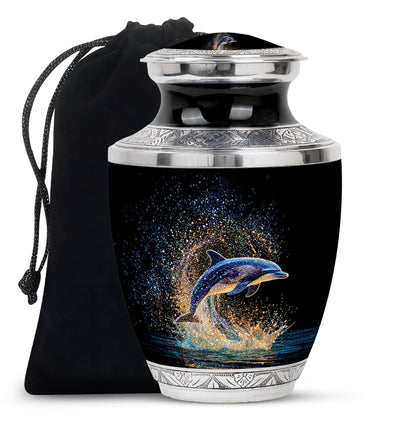 Dark Black Dolphin Cremation Urn side profile showing urn shape - artistic dolphin interpretation with creative detail - full-size 10 inch 200 cubic inch adult cremation urn