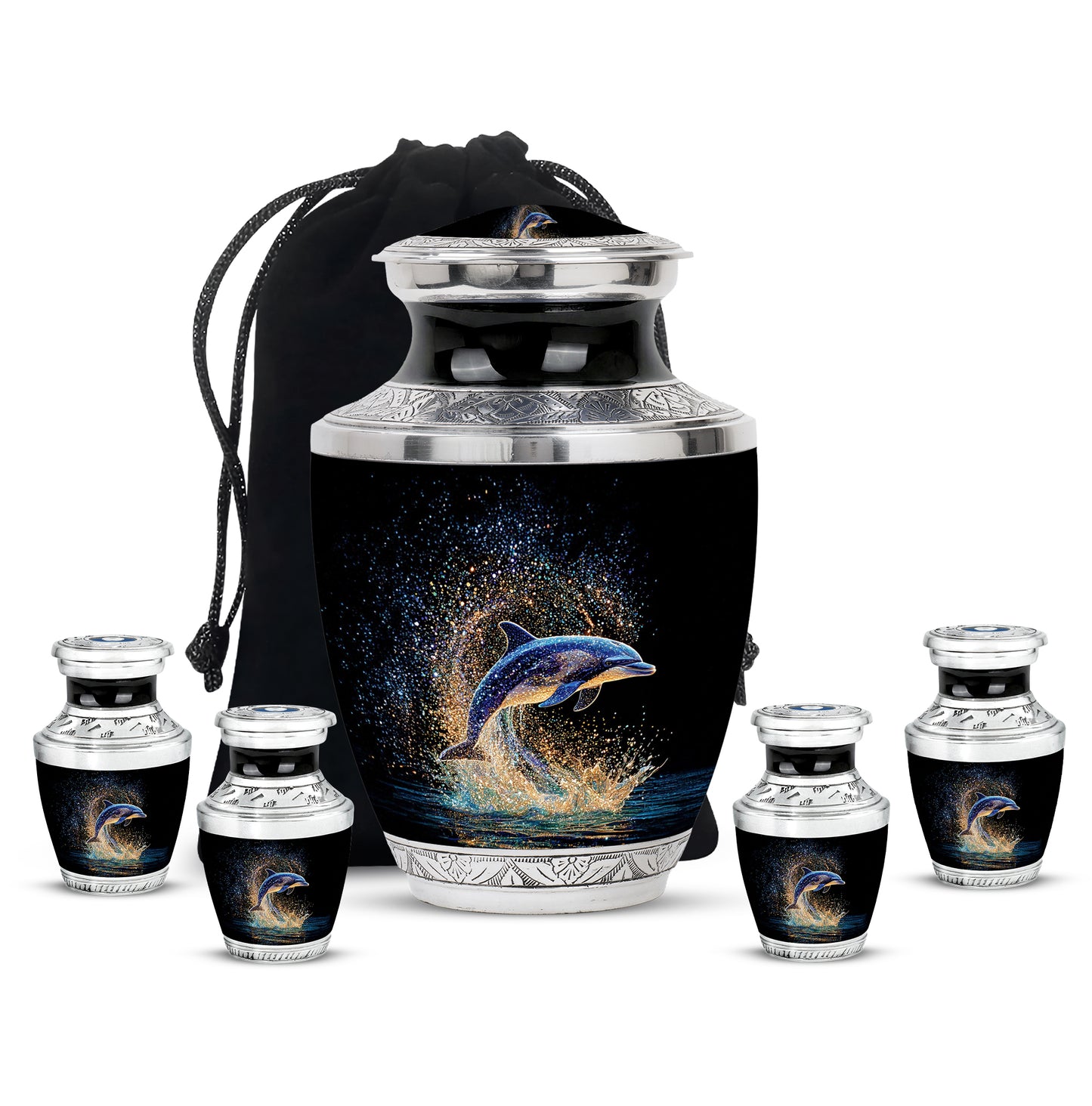 Charcoal Black Dolphin Cremation Urn lifestyle display on memorial shelf - artistic dolphin interpretation with creative detail - memorial set with one large and four small urns