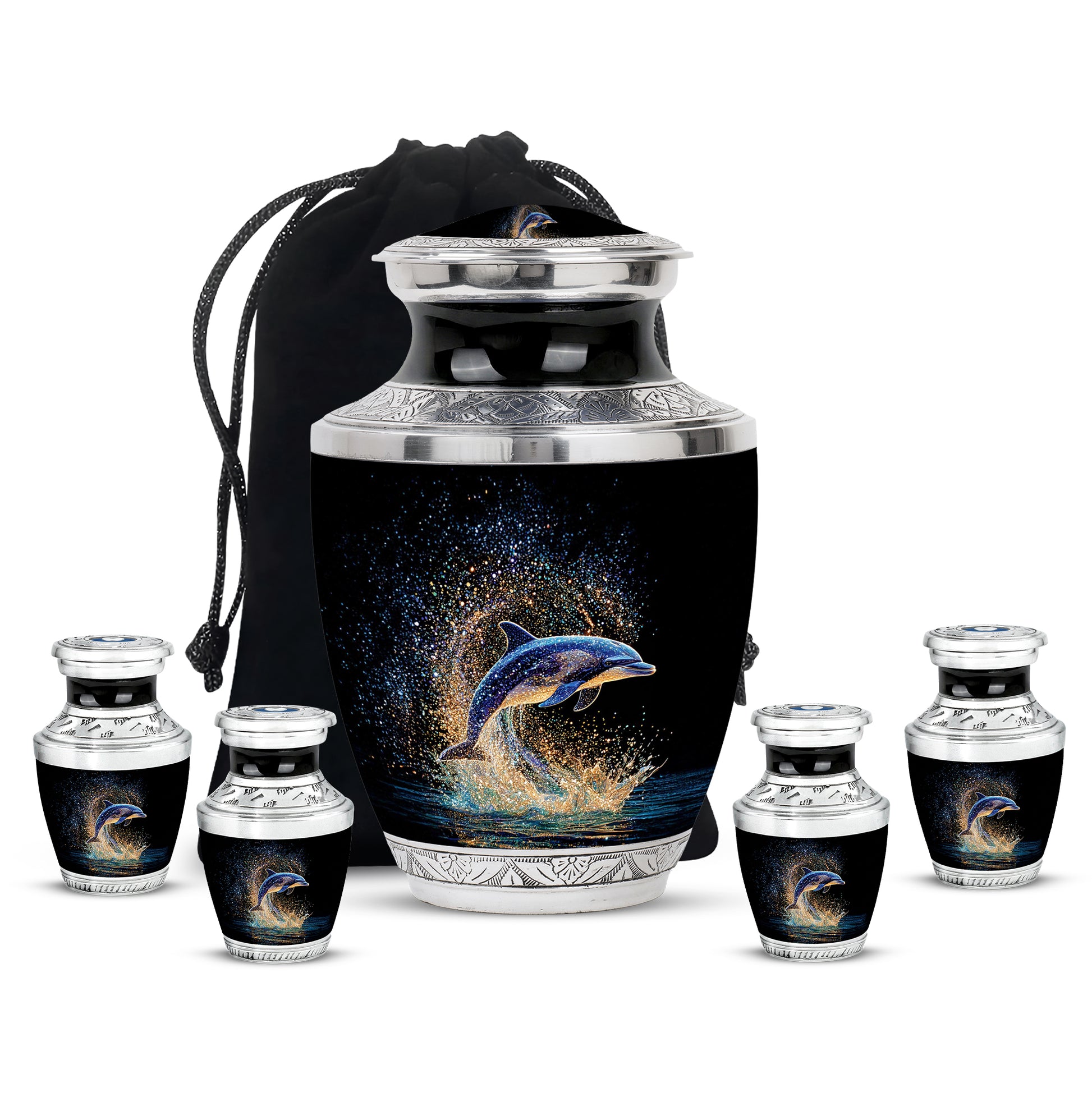 Charcoal Black Dolphin Cremation Urn lifestyle display on memorial shelf - artistic dolphin interpretation with creative detail - memorial set with one large and four small urns