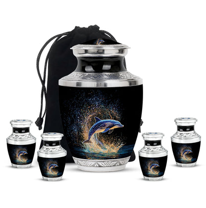Charcoal Black Dolphin Cremation Urn lifestyle display on memorial shelf - artistic dolphin interpretation with creative detail - memorial set with one large and four small urns