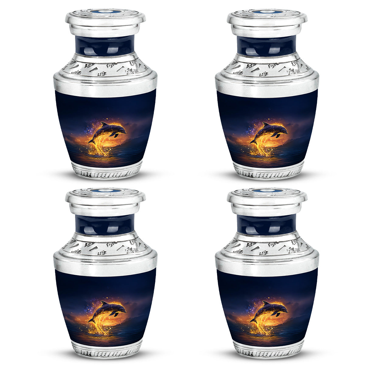Navy Blue Dolphin Cremation Urn back view with polished surface - modern art-inspired dolphin motif on sleek aluminum - 10 inch aluminum urn for cremated remains