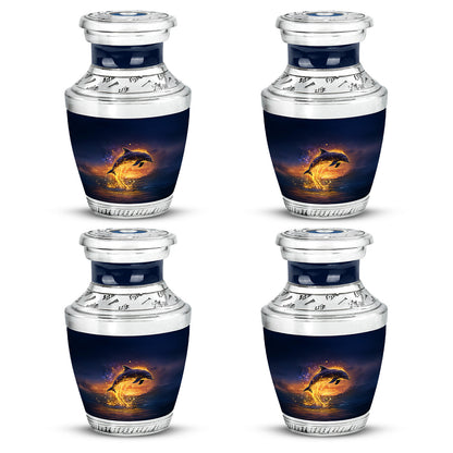 Navy Blue Dolphin Cremation Urn back view with polished surface - modern art-inspired dolphin motif on sleek aluminum - 10 inch aluminum urn for cremated remains