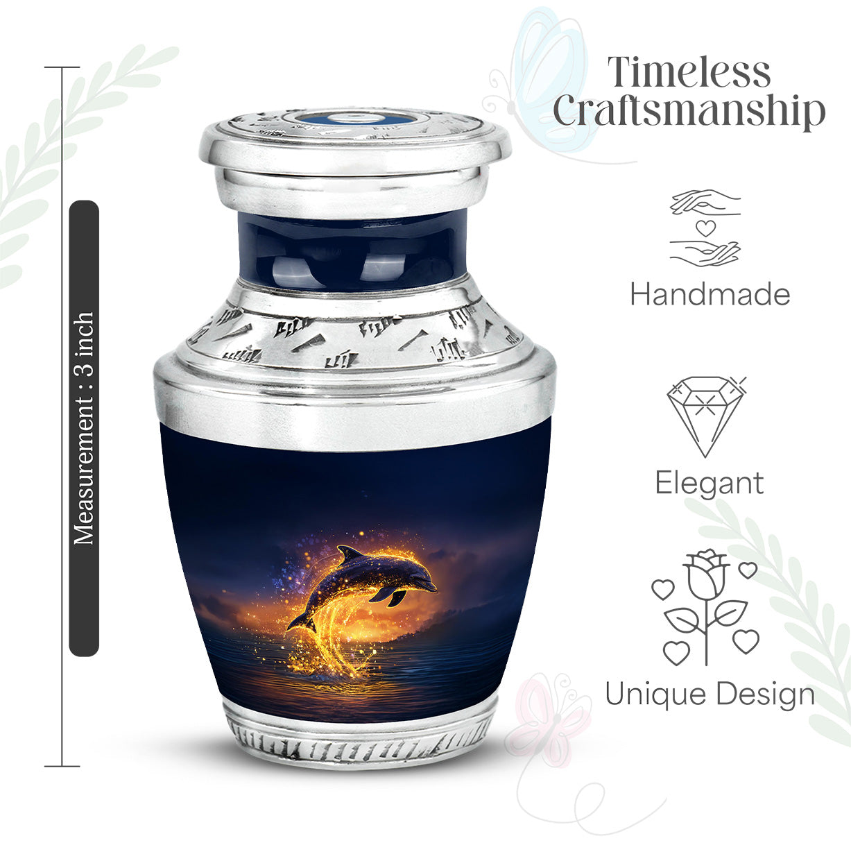 Navy Blue Dolphin Cremation Urn top-down view of secure threaded lid - modern art-inspired dolphin motif on sleek aluminum - mini keepsake memorial for portion of cremation ashes