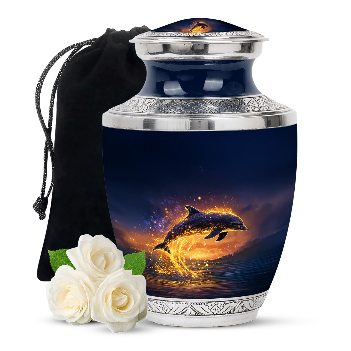 Sapphire Blue Dolphin Cremation Urn side profile showing urn shape - artistic dolphin interpretation with creative detail - full-size 10 inch 200 cubic inch adult cremation urn