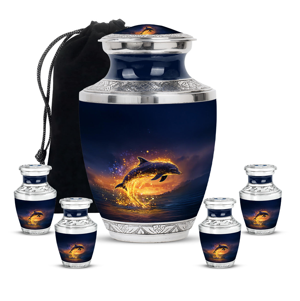 Sapphire Blue Dolphin Cremation Urn lifestyle display on memorial shelf - artistic dolphin interpretation with creative detail - memorial set with one large and four small urns