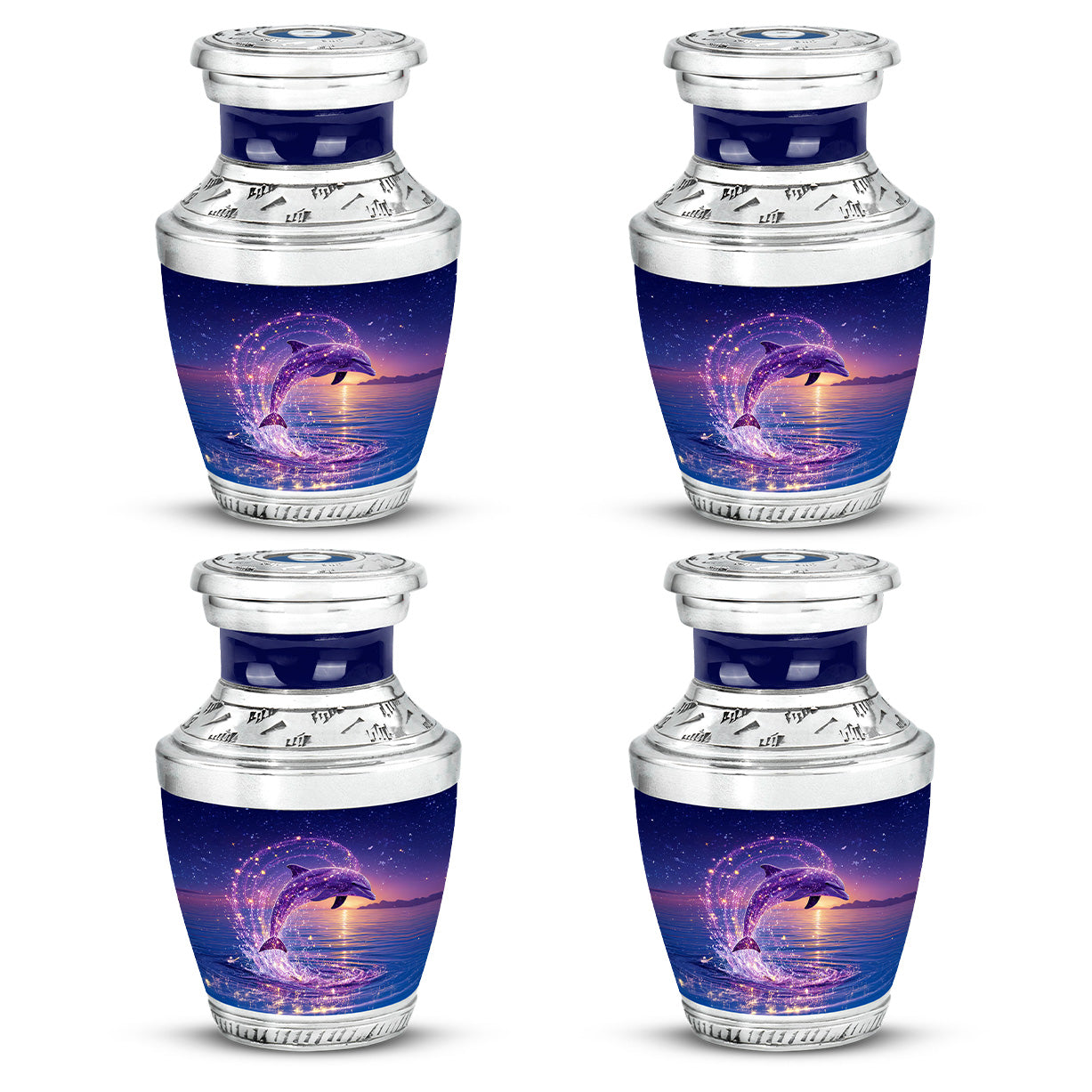 Serene Blue Dolphin Cremation Urn back view with polished surface - stylized abstract dolphin pattern with bold lines - 10 inch aluminum urn for cremated remains