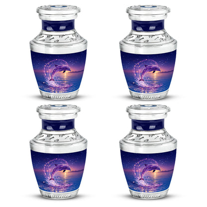 Serene Blue Dolphin Cremation Urn back view with polished surface - stylized abstract dolphin pattern with bold lines - 10 inch aluminum urn for cremated remains