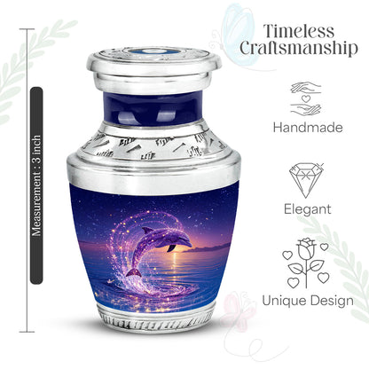 Sapphire Blue Dolphin Cremation Urn top-down view of secure threaded lid - stylized abstract dolphin pattern with bold lines - mini keepsake memorial for portion of cremation ashes