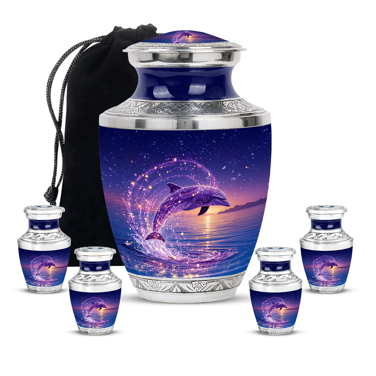 Soft Blue Dolphin Cremation Urn lifestyle display on memorial shelf - stylized abstract dolphin pattern with bold lines - memorial set with one large and four small urns