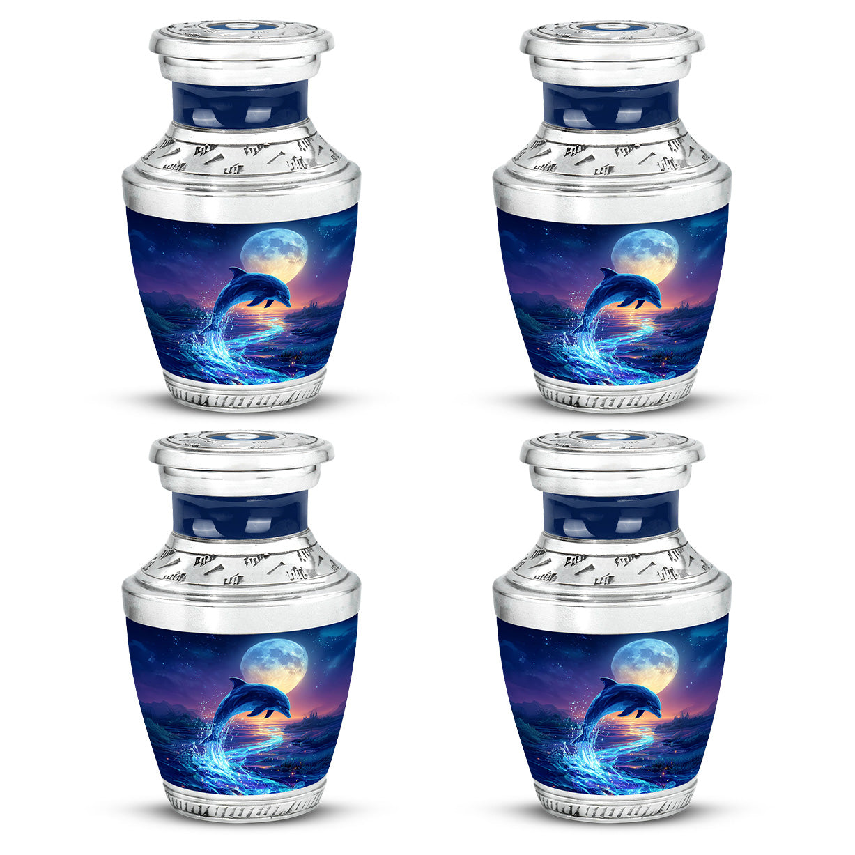 Sapphire Blue Dolphin Cremation Urn back view with polished surface - artistic dolphin interpretation with creative detail - 10 inch aluminum urn for cremated remains