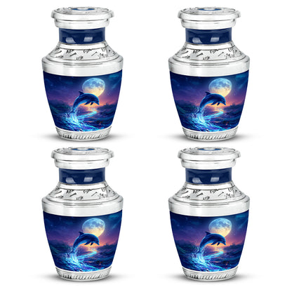 Sapphire Blue Dolphin Cremation Urn back view with polished surface - artistic dolphin interpretation with creative detail - 10 inch aluminum urn for cremated remains