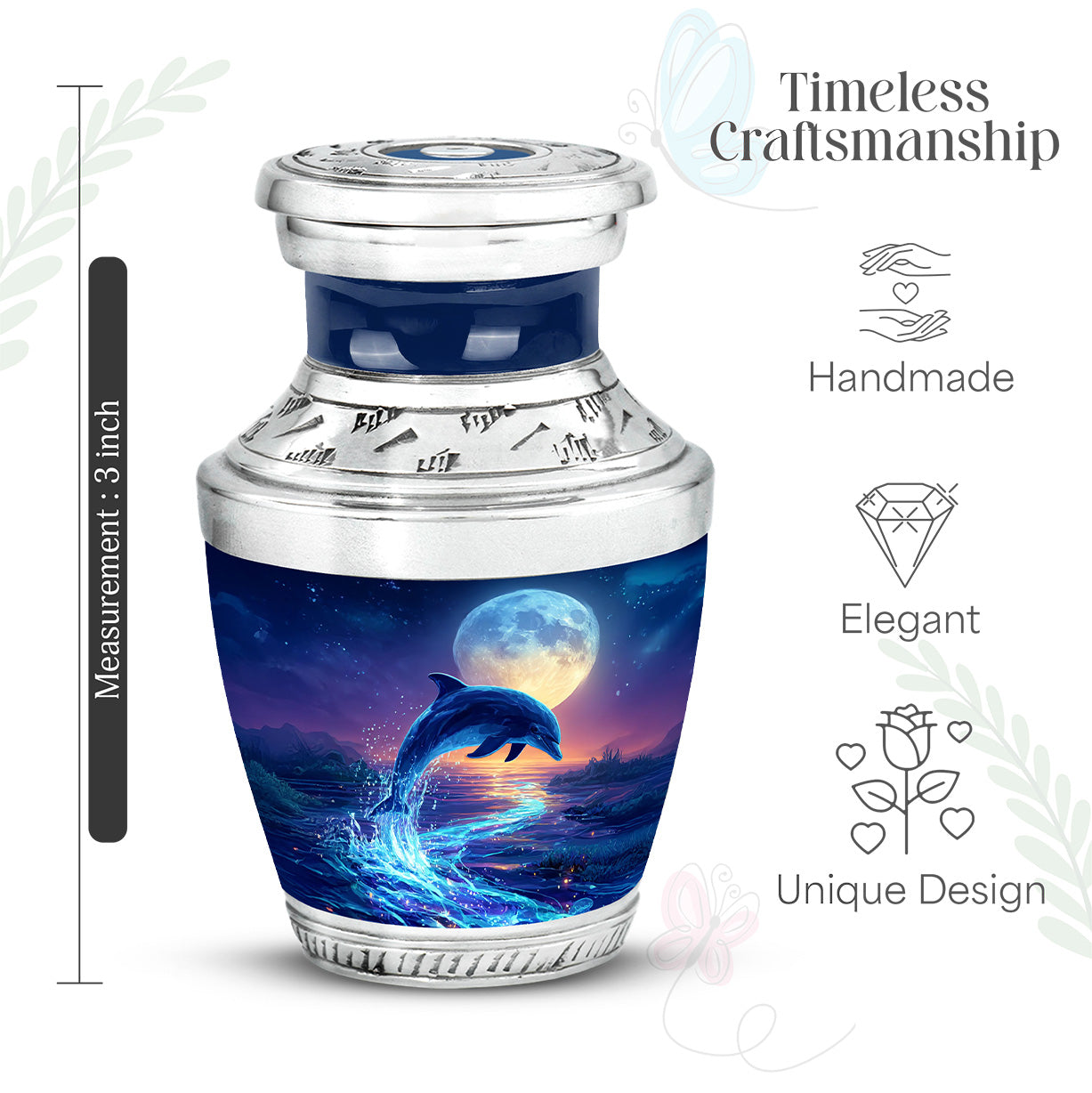 Navy Blue Dolphin Cremation Urn top-down view of secure threaded lid - modern art-inspired dolphin motif on sleek aluminum - mini keepsake memorial for portion of cremation ashes