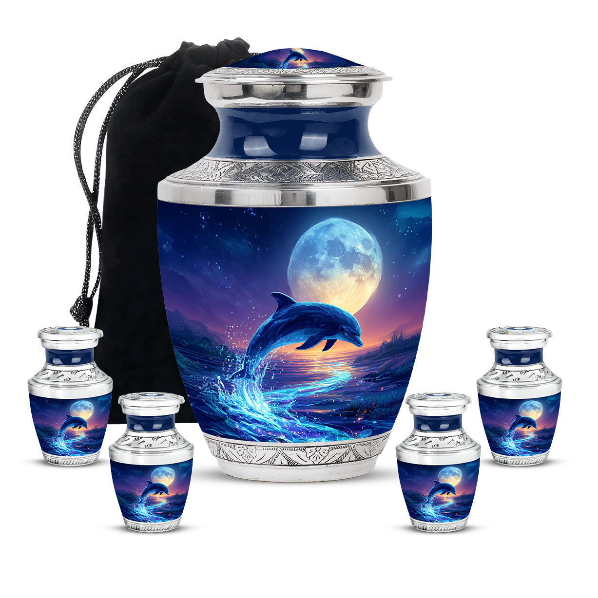 Indigo Dolphin Cremation Urn lifestyle display on memorial shelf - modern art-inspired dolphin motif on sleek aluminum - memorial set with one large and four small urns