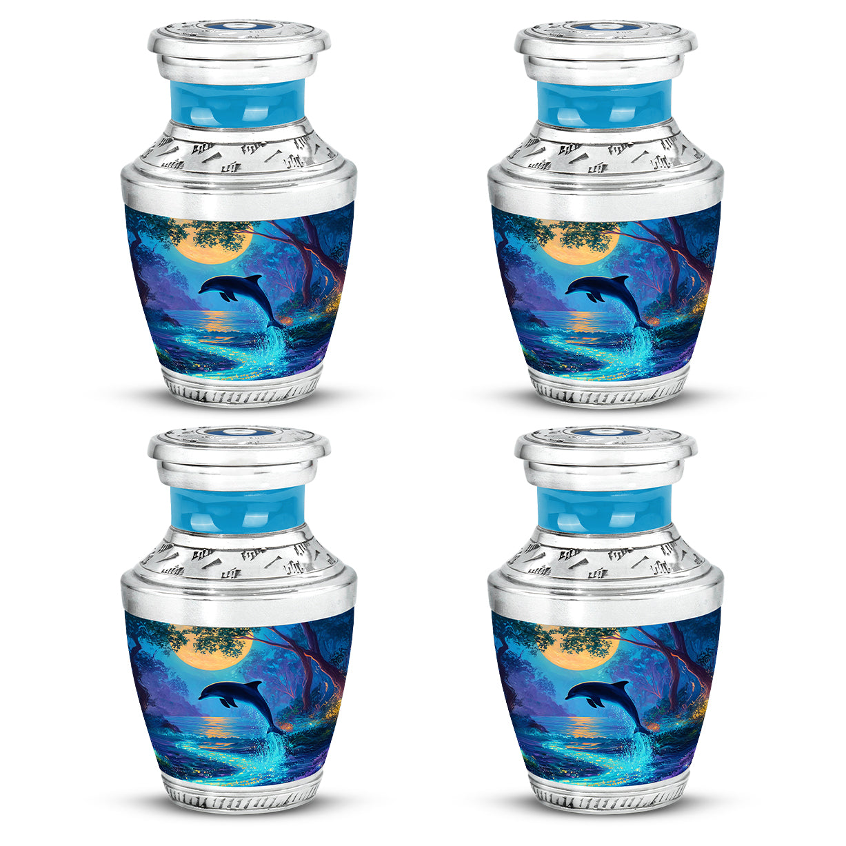 Cool Teal Dolphin Cremation Urn back view with polished surface - contemporary dolphin design with modern artistic flair - 10 inch aluminum urn for cremated remains
