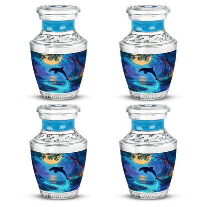 Cool Teal Dolphin Cremation Urn back view with polished surface - contemporary dolphin design with modern artistic flair - 10 inch aluminum urn for cremated remains