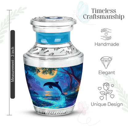 Soft Teal Dolphin Cremation Urn top-down view of secure threaded lid - modern art-inspired dolphin motif on sleek aluminum - mini keepsake memorial for portion of cremation ashes