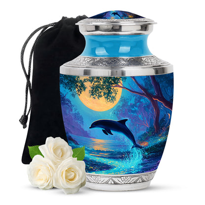 Vivid Teal Dolphin Cremation Urn side profile showing urn shape - stylized abstract dolphin pattern with bold lines - full-size 10 inch 200 cubic inch adult cremation urn