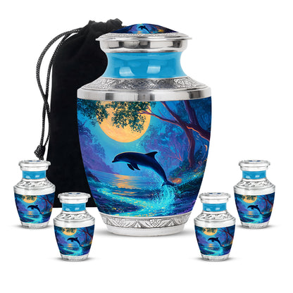 Aqua Teal Dolphin Cremation Urn lifestyle display on memorial shelf - artistic dolphin interpretation with creative detail - memorial set with one large and four small urns