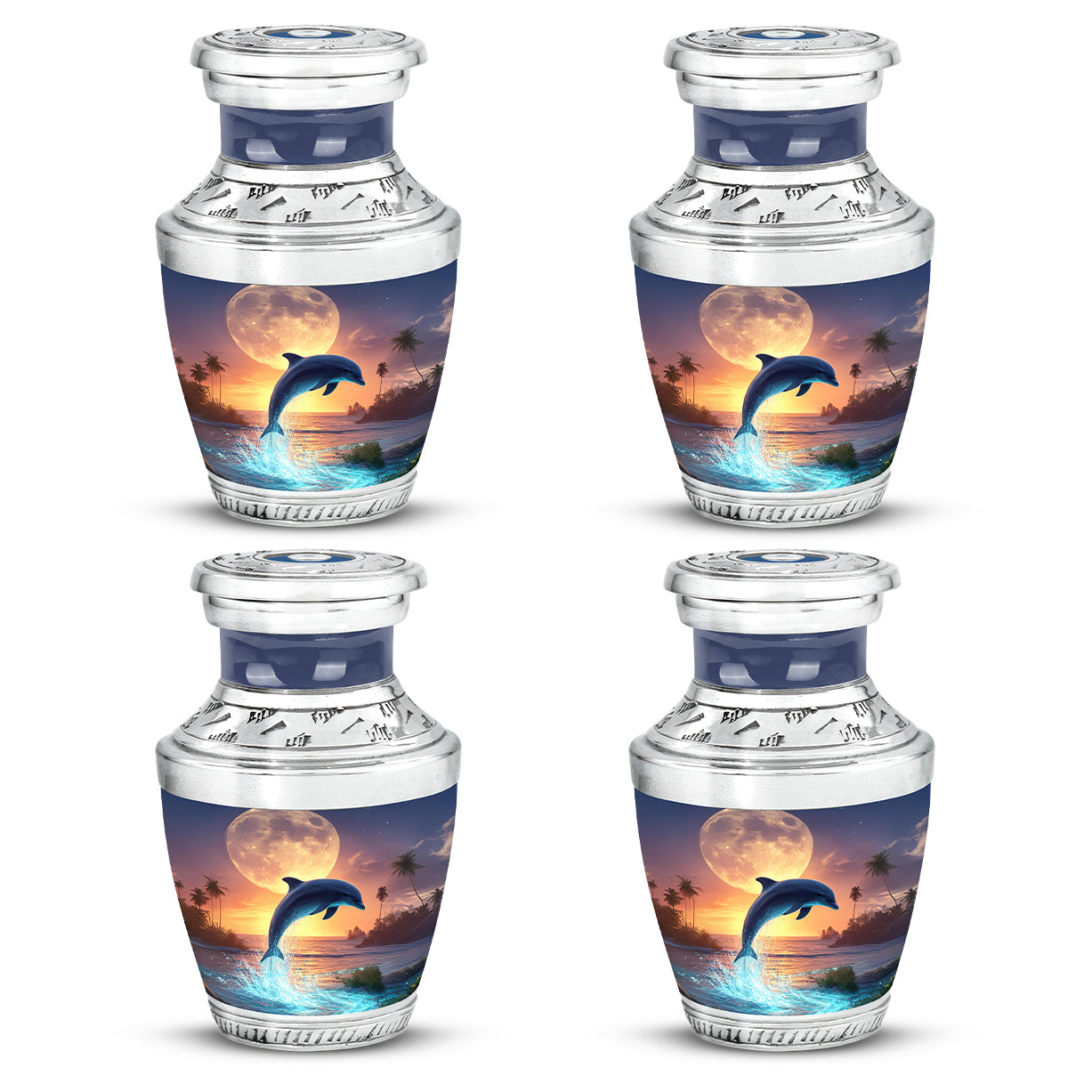 Storm Gray Dolphin Cremation Urn back view with polished surface - artistic dolphin interpretation with creative detail - 10 inch aluminum urn for cremated remains