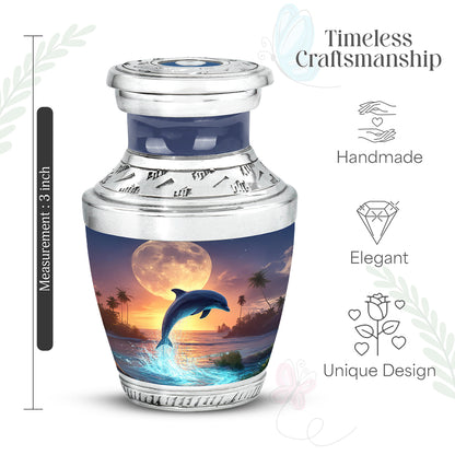 Steel Gray Dolphin Cremation Urn top-down view of secure threaded lid - stylized abstract dolphin pattern with bold lines - mini keepsake memorial for portion of cremation ashes