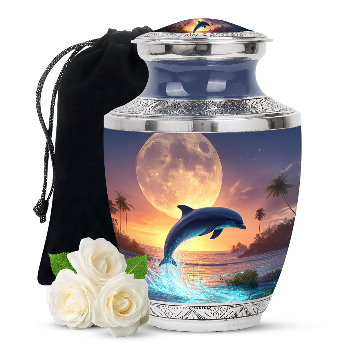 Steel Gray Dolphin Cremation Urn side profile showing urn shape - artistic dolphin interpretation with creative detail - full-size 10 inch 200 cubic inch adult cremation urn