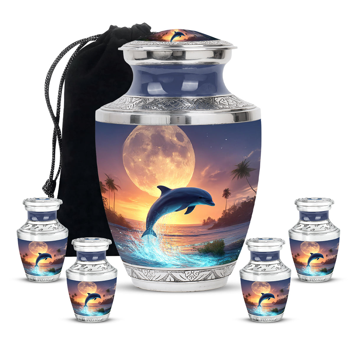 Silver Gray Dolphin Cremation Urn lifestyle display on memorial shelf - modern art-inspired dolphin motif on sleek aluminum - memorial set with one large and four small urns