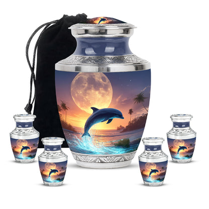 Silver Gray Dolphin Cremation Urn lifestyle display on memorial shelf - modern art-inspired dolphin motif on sleek aluminum - memorial set with one large and four small urns
