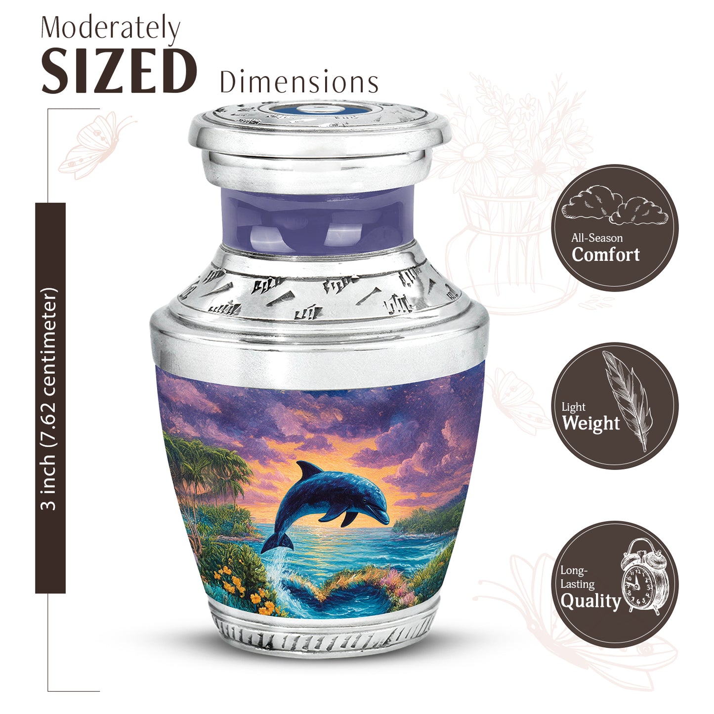 Bright Blue Dolphin Cremation Urn top-down view of secure threaded lid - artistic dolphin interpretation with creative detail - mini keepsake memorial for portion of cremation ashes