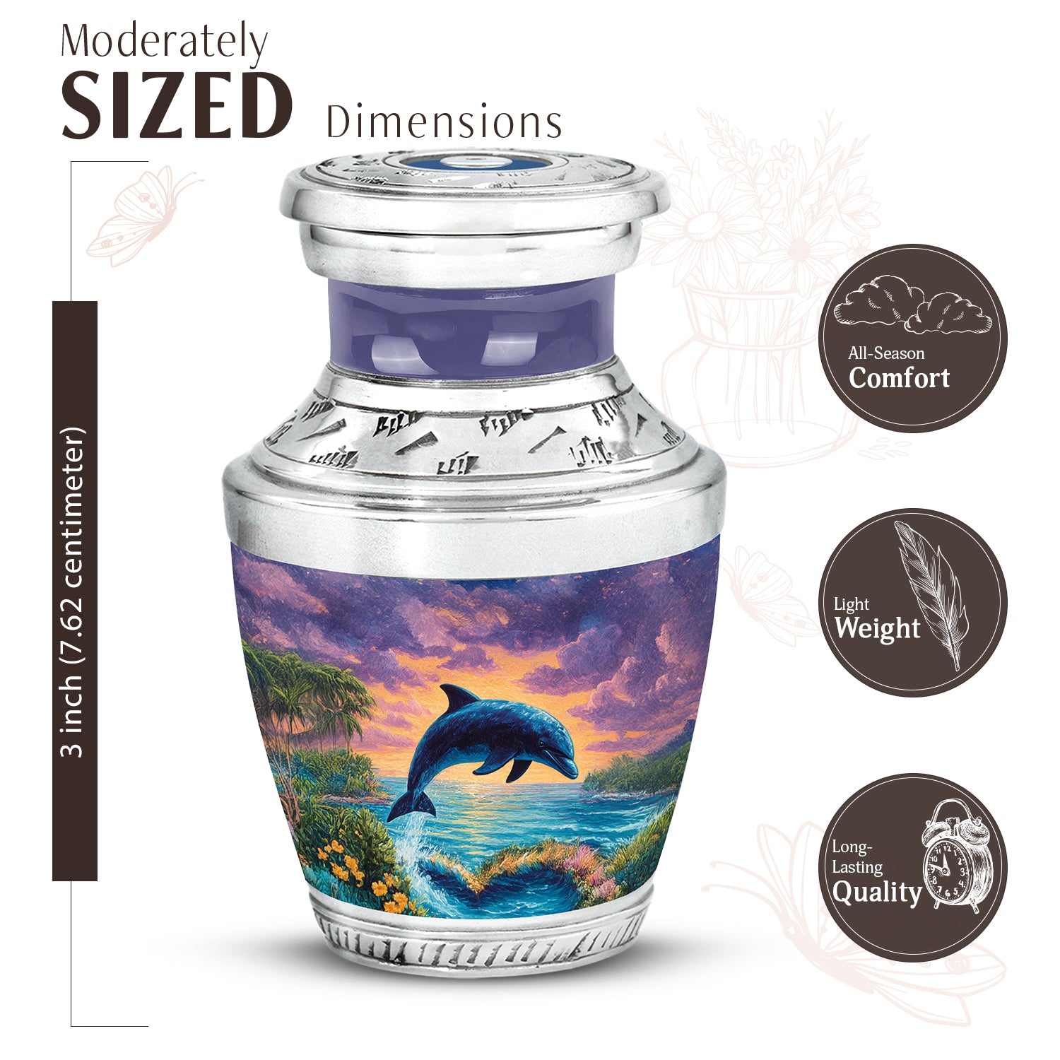 Bright Blue Dolphin Cremation Urn top-down view of secure threaded lid - artistic dolphin interpretation with creative detail - mini keepsake memorial for portion of cremation ashes