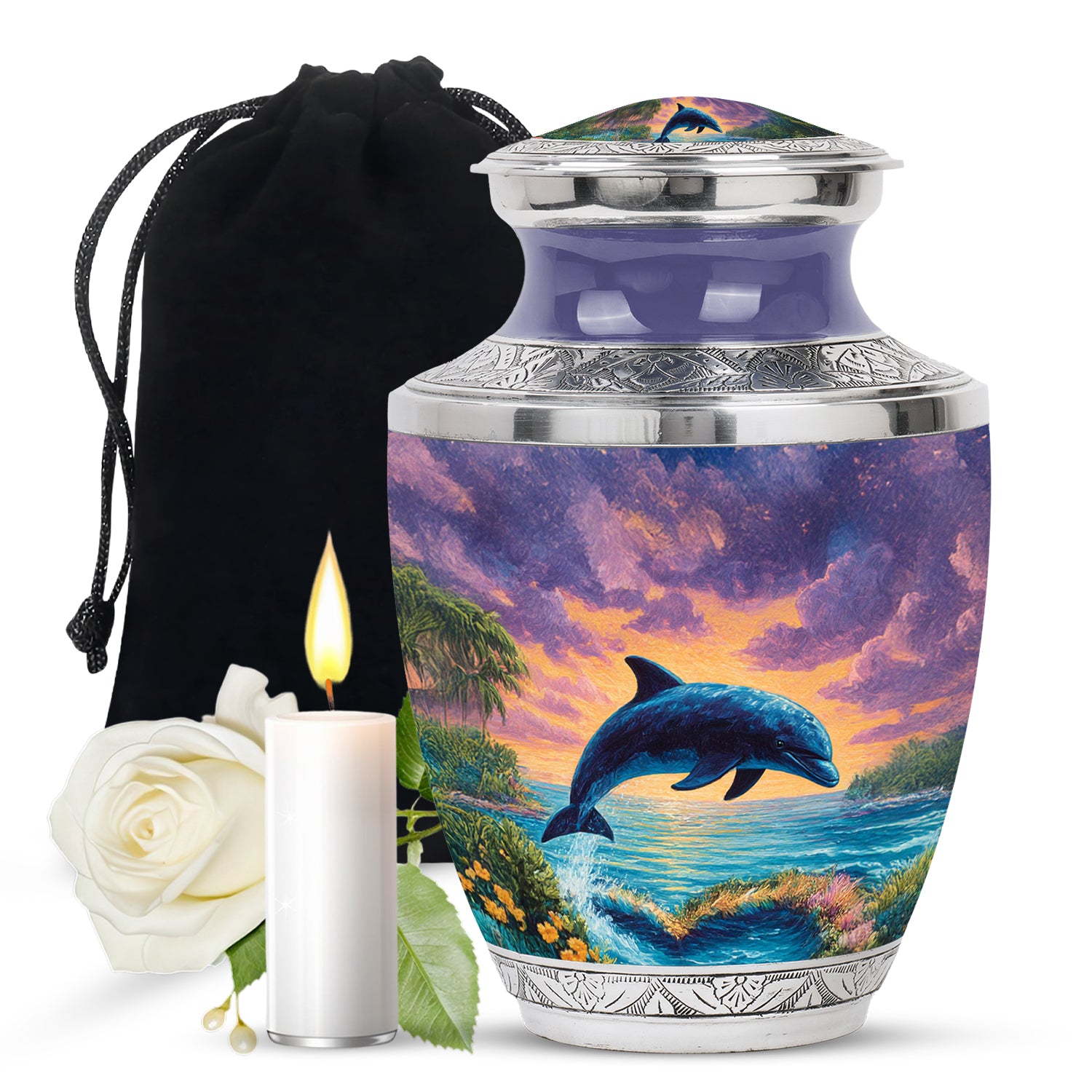 Misty Blue Dolphin Cremation Urn side profile showing urn shape - contemporary dolphin design with modern artistic flair - full-size 10 inch 200 cubic inch adult cremation urn