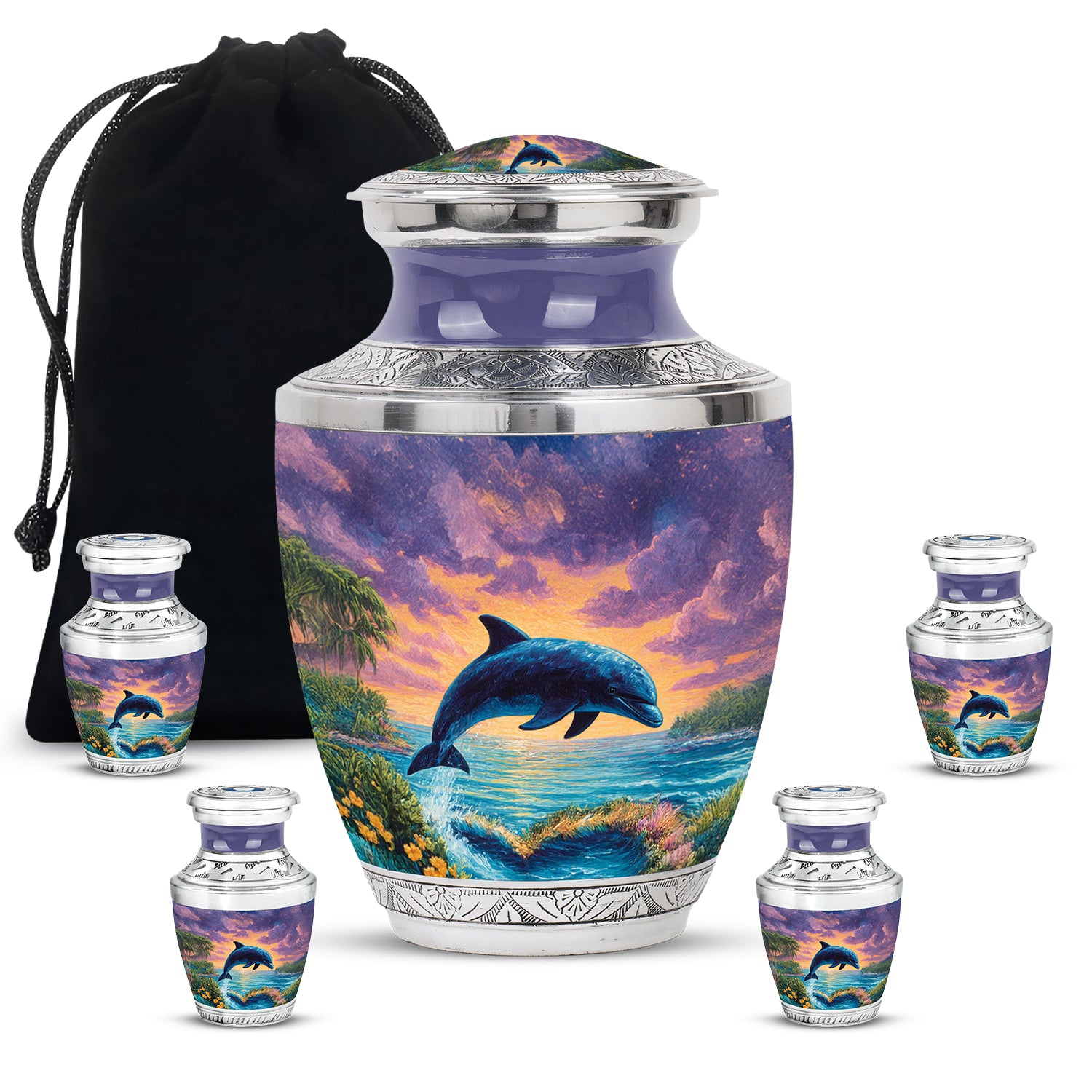 Calming Blue Dolphin Cremation Urn lifestyle display on memorial shelf - artistic dolphin interpretation with creative detail - memorial set with one large and four small urns