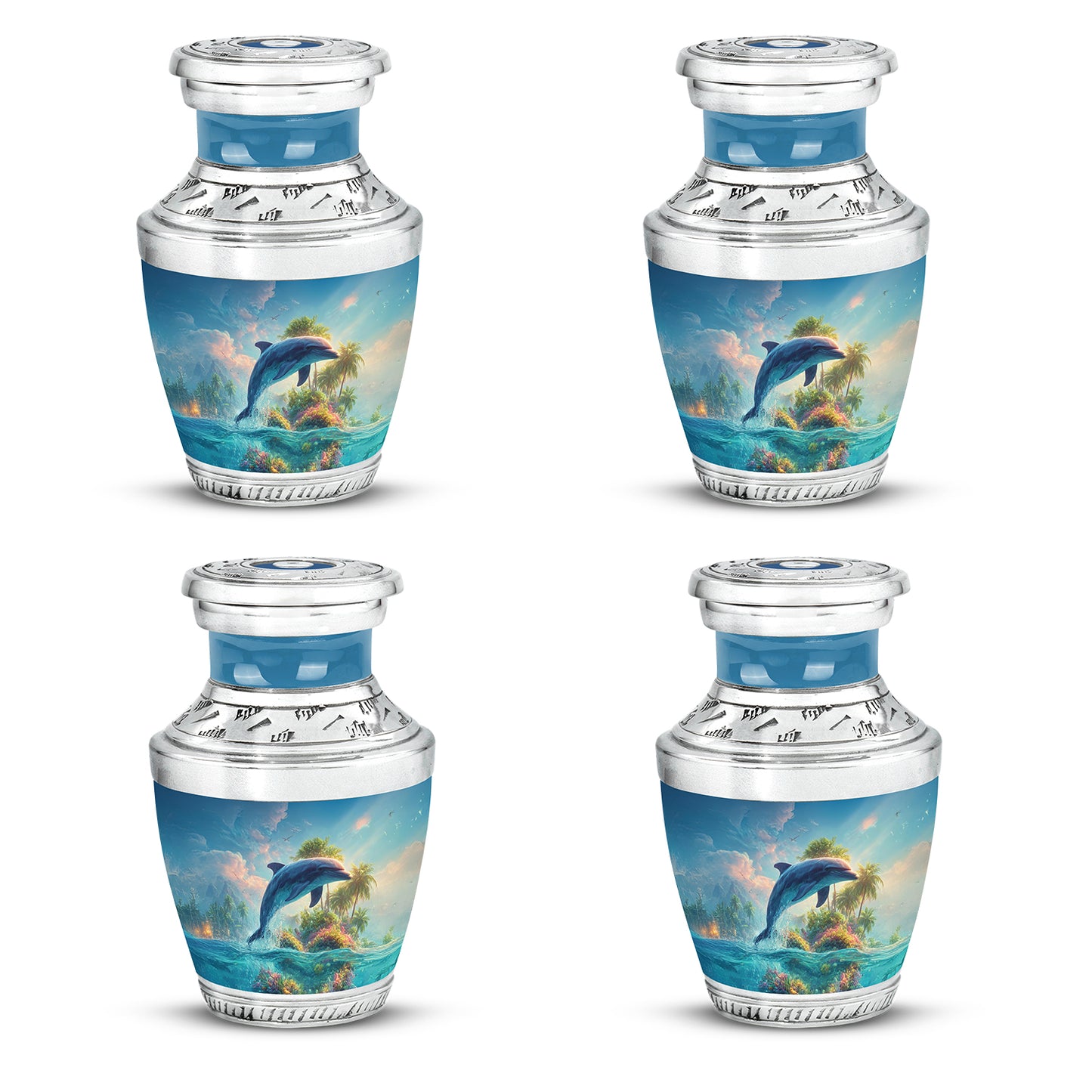 Serene Blue Dolphin Cremation Urn back view with polished surface - artistic dolphin interpretation with creative detail - 10 inch aluminum urn for cremated remains