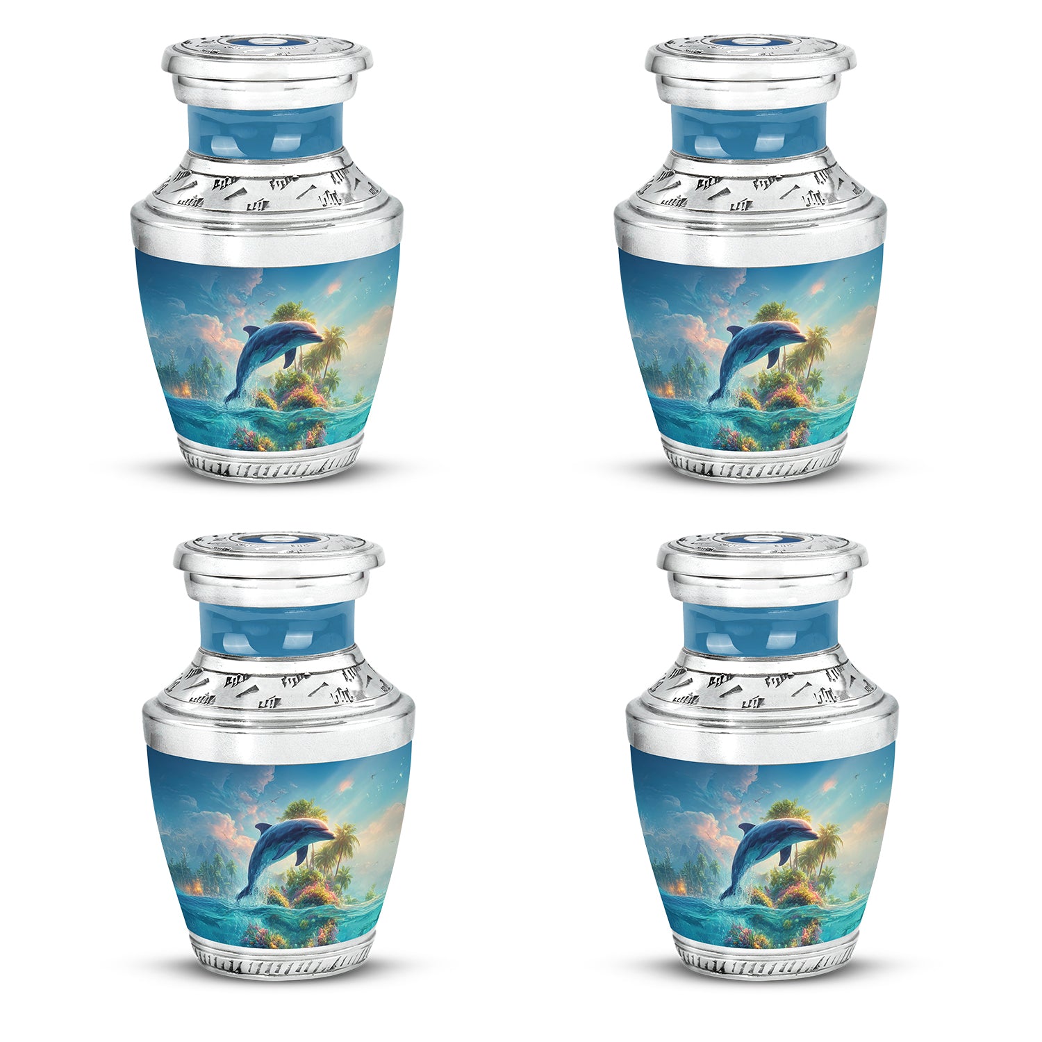 Serene Blue Dolphin Cremation Urn back view with polished surface - artistic dolphin interpretation with creative detail - 10 inch aluminum urn for cremated remains