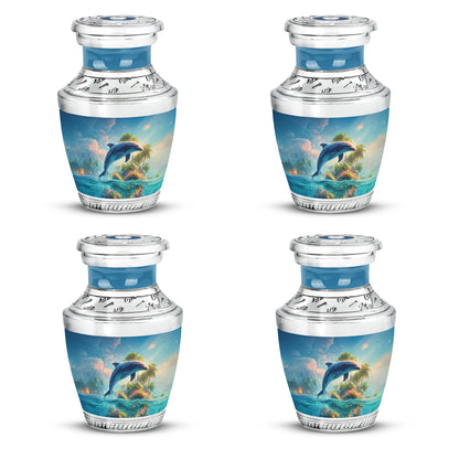Serene Blue Dolphin Cremation Urn back view with polished surface - artistic dolphin interpretation with creative detail - 10 inch aluminum urn for cremated remains