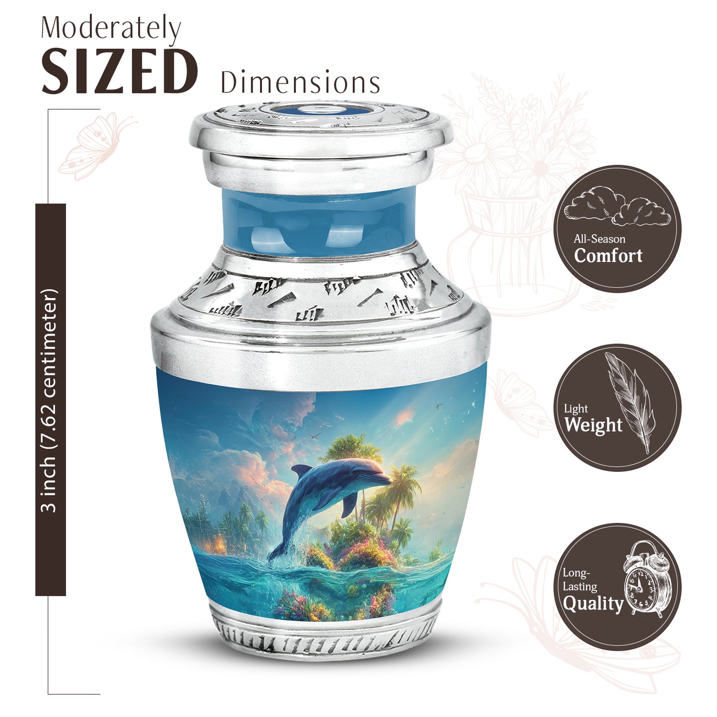 Sapphire Blue Dolphin Cremation Urn top-down view of secure threaded lid - stylized abstract dolphin pattern with bold lines - mini keepsake memorial for portion of cremation ashes