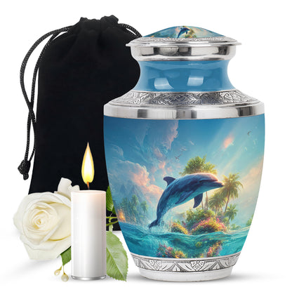 Sapphire Blue Dolphin Cremation Urn side profile showing urn shape - artistic dolphin interpretation with creative detail - full-size 10 inch 200 cubic inch adult cremation urn