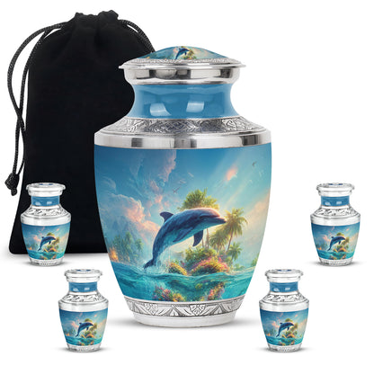 Soft Blue Dolphin Cremation Urn lifestyle display on memorial shelf - artistic dolphin interpretation with creative detail - memorial set with one large and four small urns