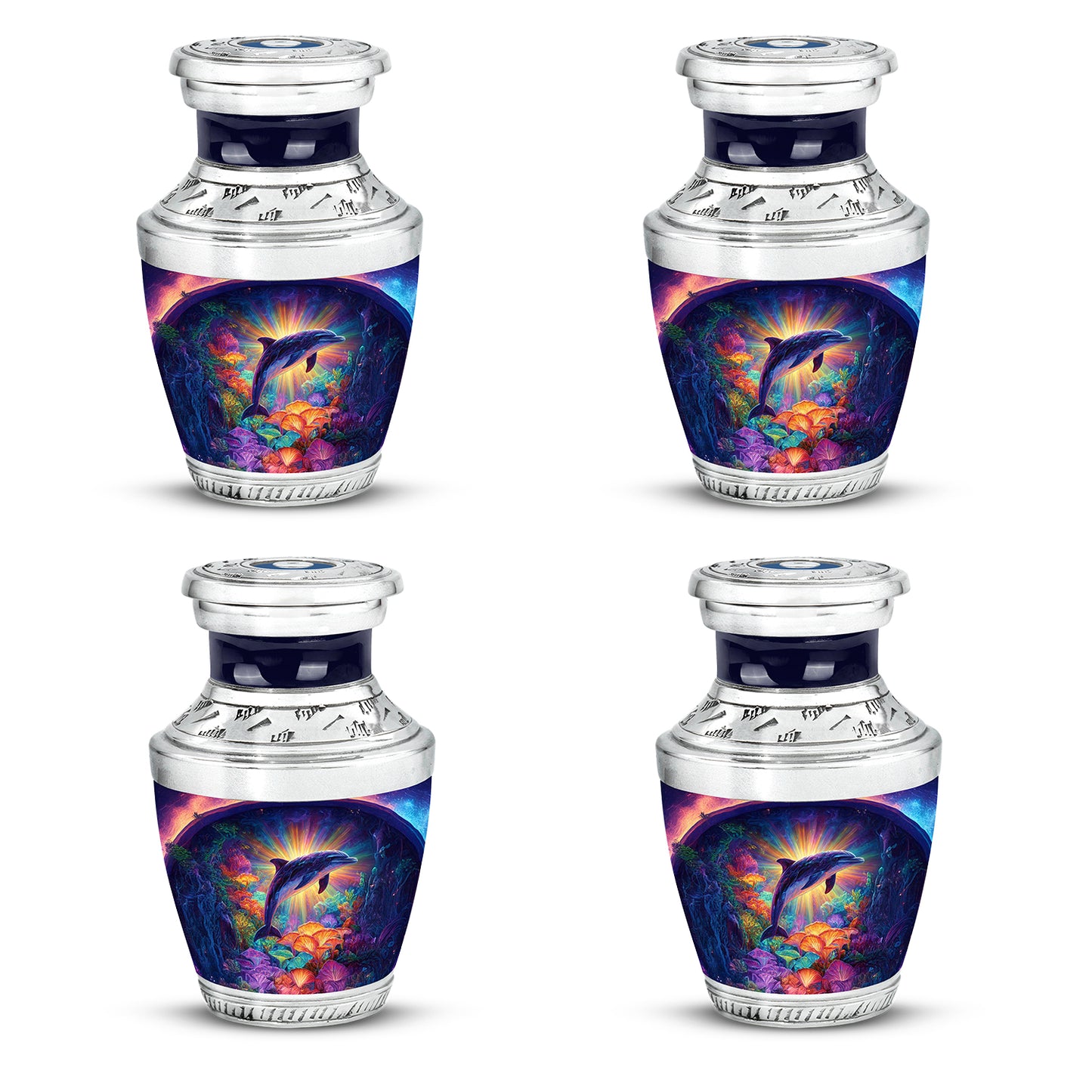 Vintage Pink Dolphin Cremation Urn back view with polished surface - stylized abstract dolphin pattern with bold lines - 10 inch aluminum urn for cremated remains