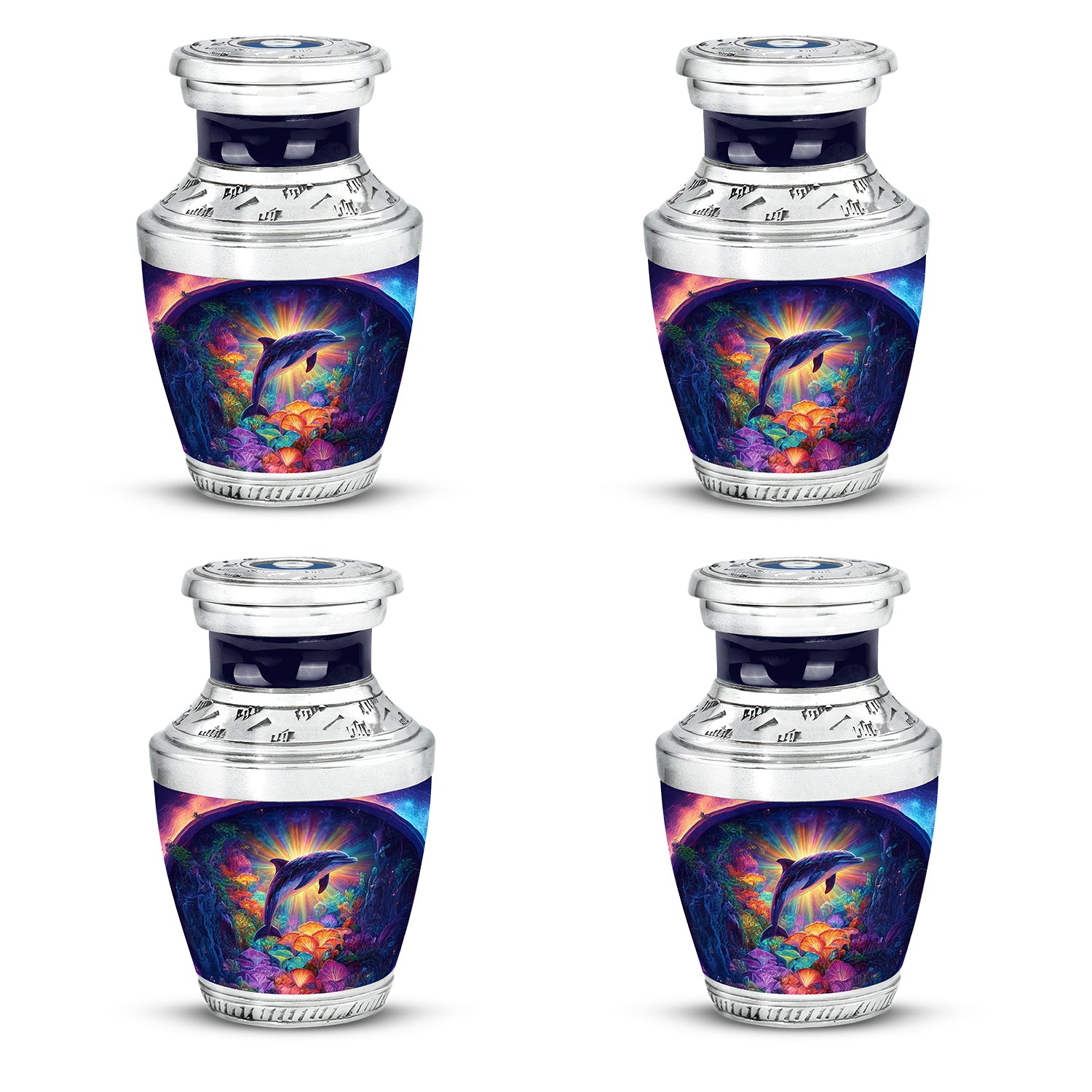 Vintage Pink Dolphin Cremation Urn back view with polished surface - stylized abstract dolphin pattern with bold lines - 10 inch aluminum urn for cremated remains