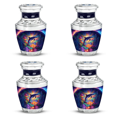 Vintage Pink Dolphin Cremation Urn back view with polished surface - stylized abstract dolphin pattern with bold lines - 10 inch aluminum urn for cremated remains