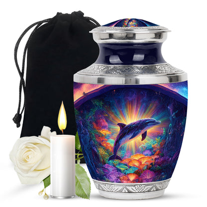 Coral Pink Dolphin Cremation Urn side profile showing urn shape - contemporary dolphin design with modern artistic flair - full-size 10 inch 200 cubic inch adult cremation urn