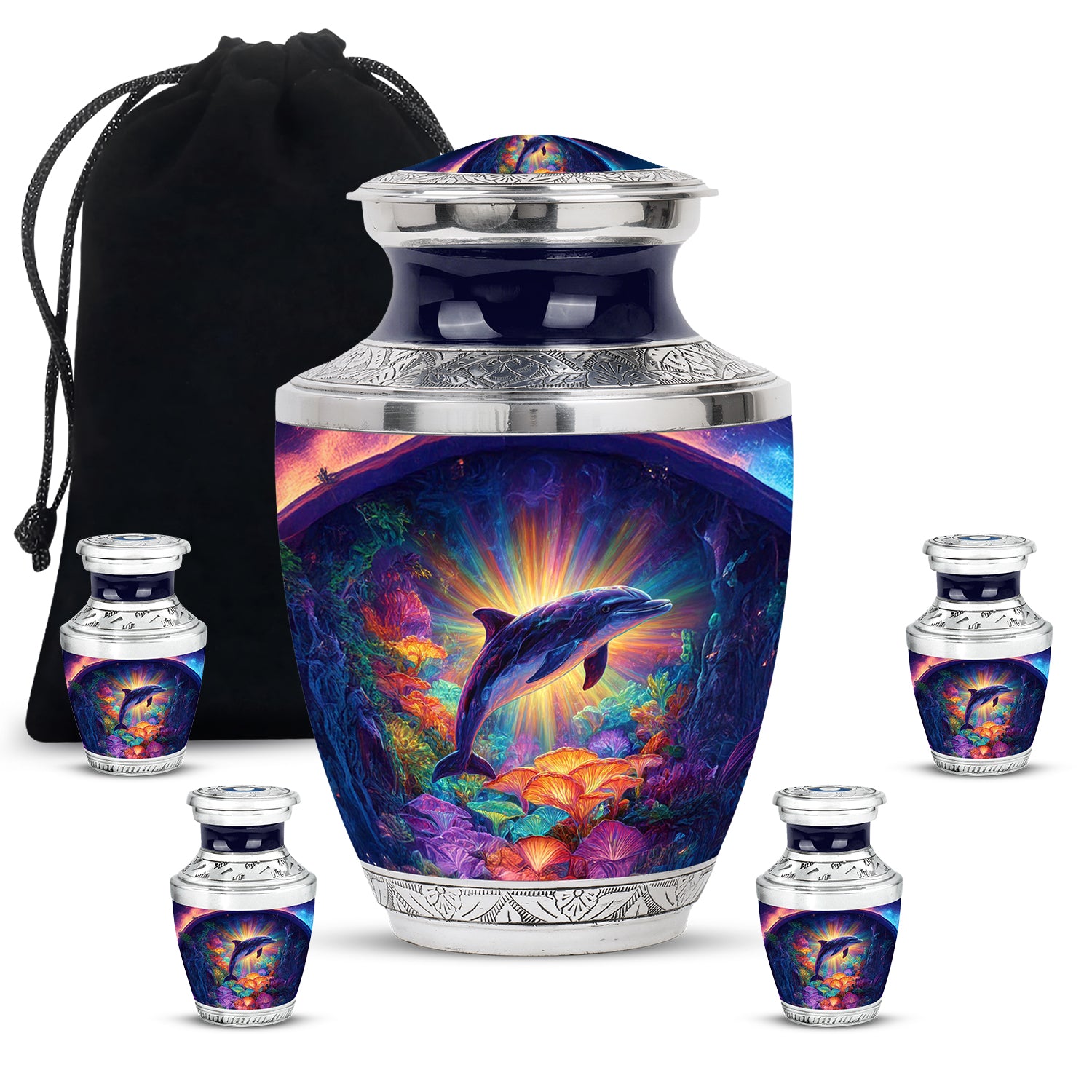 Peony Pink Dolphin Cremation Urn lifestyle display on memorial shelf - modern art-inspired dolphin motif on sleek aluminum - memorial set with one large and four small urns