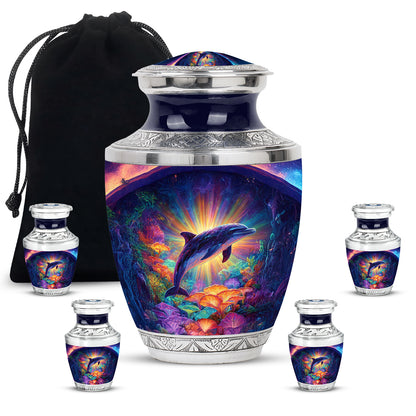 Peony Pink Dolphin Cremation Urn lifestyle display on memorial shelf - modern art-inspired dolphin motif on sleek aluminum - memorial set with one large and four small urns