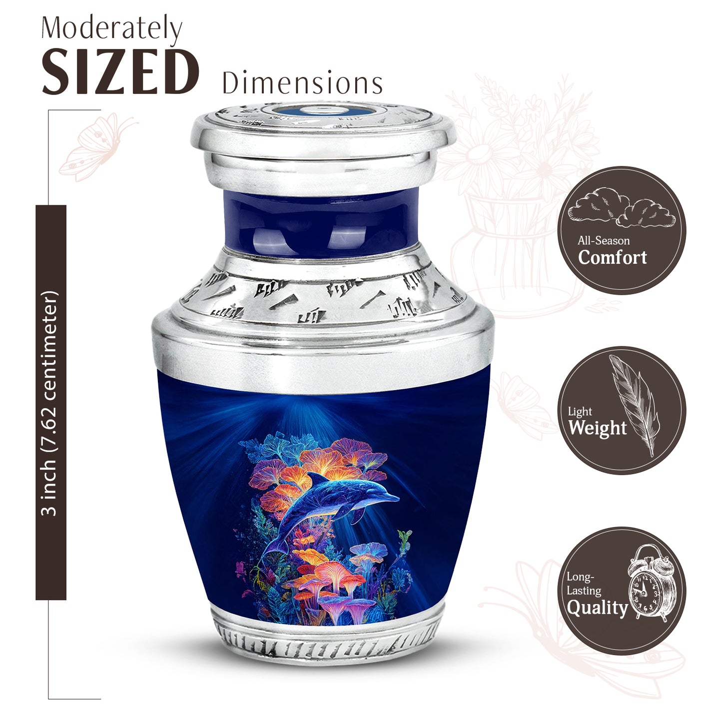 Celestial Blue Dolphin Cremation Urn top-down view of secure threaded lid - contemporary dolphin design with modern artistic flair - mini keepsake memorial for portion of cremation ashes