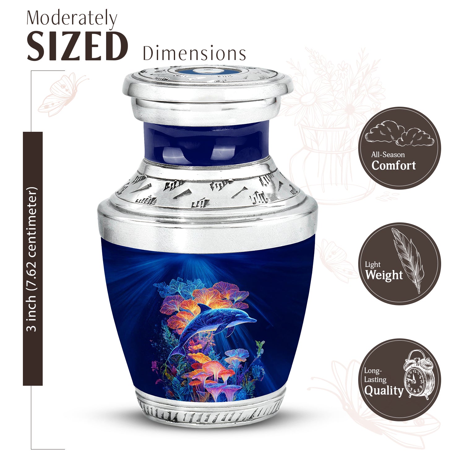 Celestial Blue Dolphin Cremation Urn top-down view of secure threaded lid - contemporary dolphin design with modern artistic flair - mini keepsake memorial for portion of cremation ashes