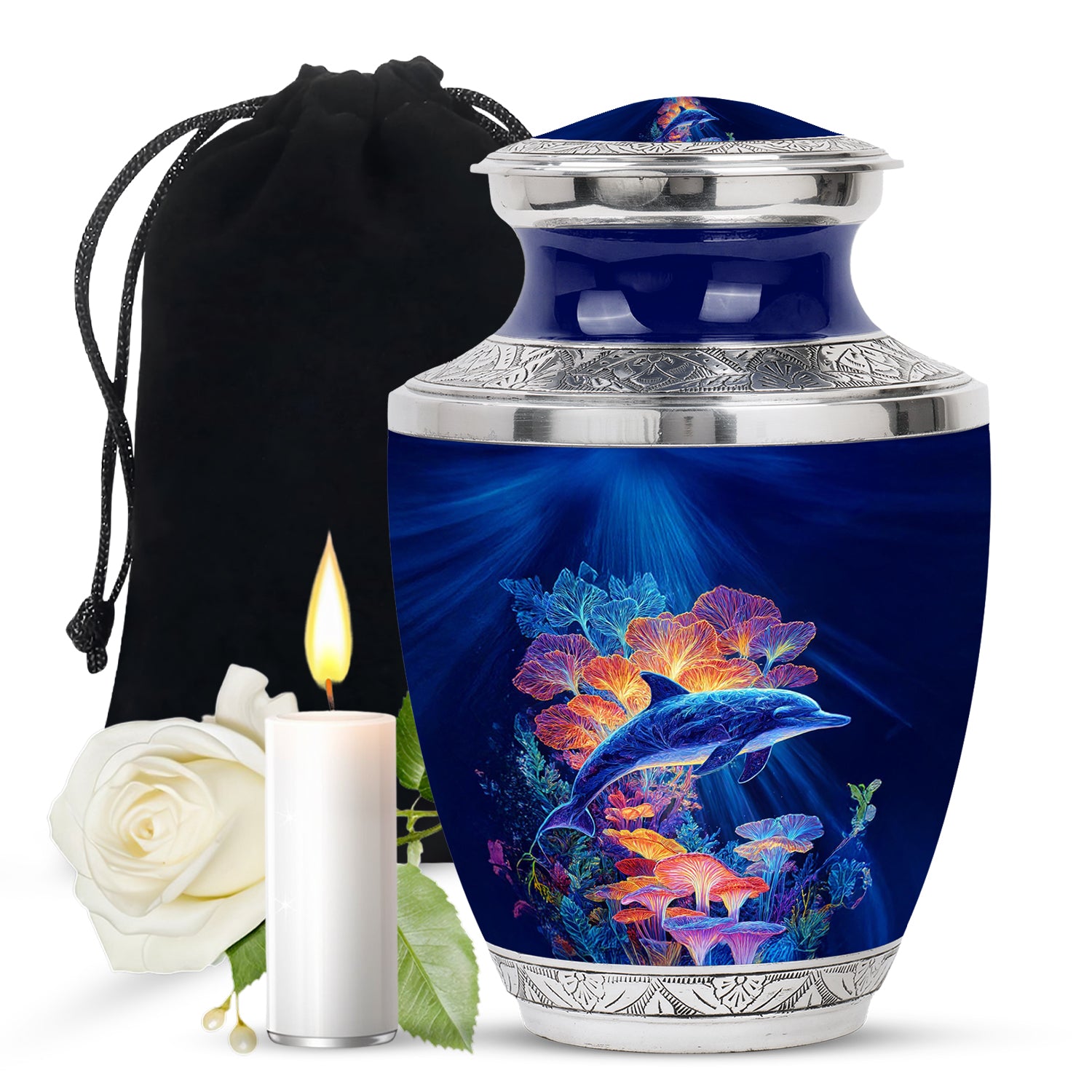 Vivid Blue Dolphin Cremation Urn side profile showing urn shape - stylized abstract dolphin pattern with bold lines - full-size 10 inch 200 cubic inch adult cremation urn