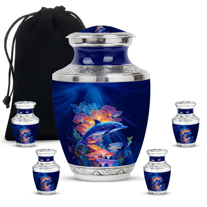 Cornflower Blue Dolphin Cremation Urn lifestyle display on memorial shelf - stylized abstract dolphin pattern with bold lines - memorial set with one large and four small urns